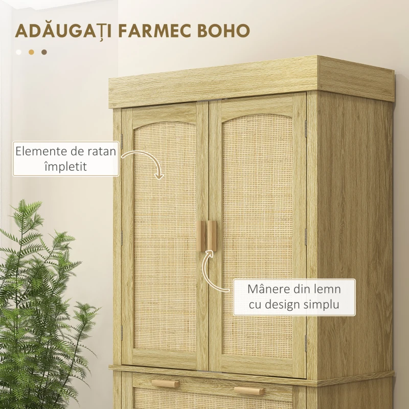 HOMCOM Bufet de Bucătărie Stil Boho cu 2 Dulapuri, Sertar și Suport pentru Condimente din Lemn și Ratan, 76x40x183cm, Stejar