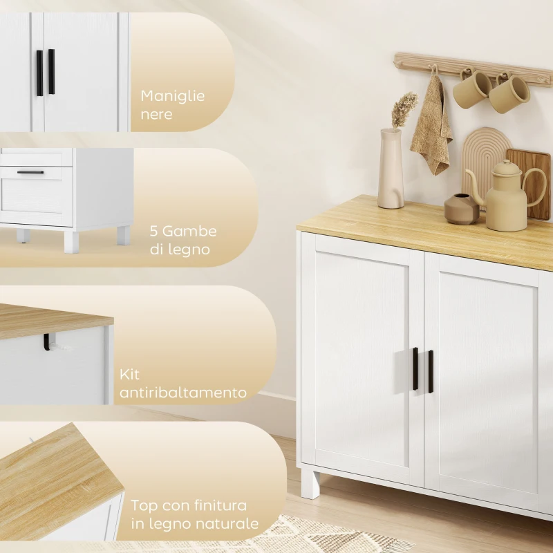 HOMCOM Mobile Cucina con 3 Cassetti e Armadietto 2 Ante Ammortizzate, Ripiani Regolabili, 120x38x76 cm, Bianco