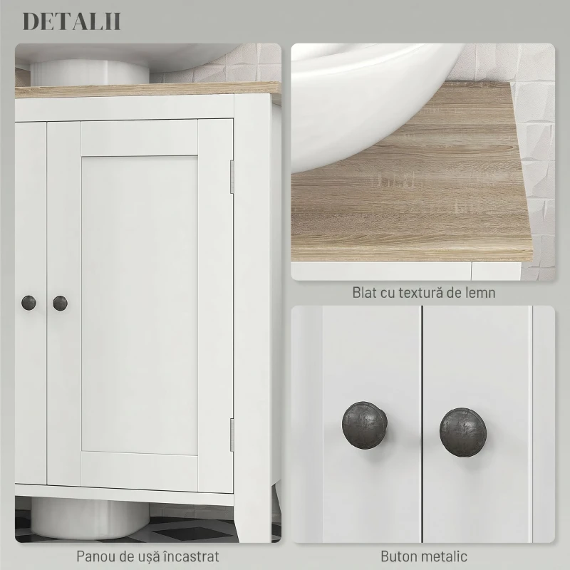 kleankin Dulap sub Chiuvetă Baie în formă de U cu Raft Reglabil la Interior, din MDF, 60x30x60 cm, Alb și Lemn Natur(m-7)