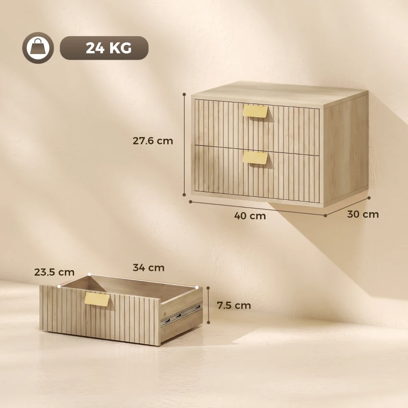 HOMCOM Modern Floating Nightstands Set of 2, Wall Mounted Bedside Tables with 2 Drawers, Oak