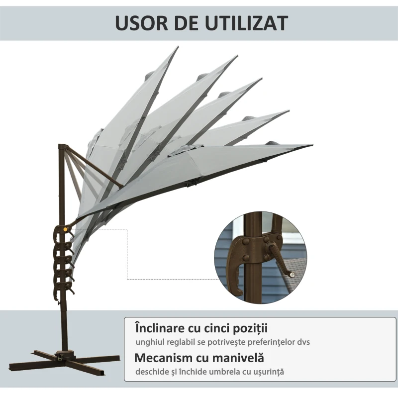 Outsunny Umbrelă de Grădină cu Manivelă și 8 Spițe, Unghi Reglabil, Ø2,95x2,5 m, Gri
