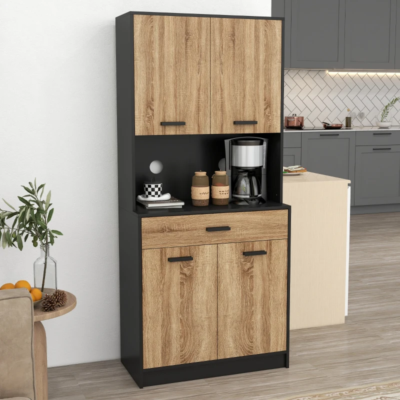 HOMCOM Bufet de Bucătărie din Lemn cu 2 Dulapuri cu Uși Duble și Sertar, 80x40x180 cm, Negru și culoare Lemn