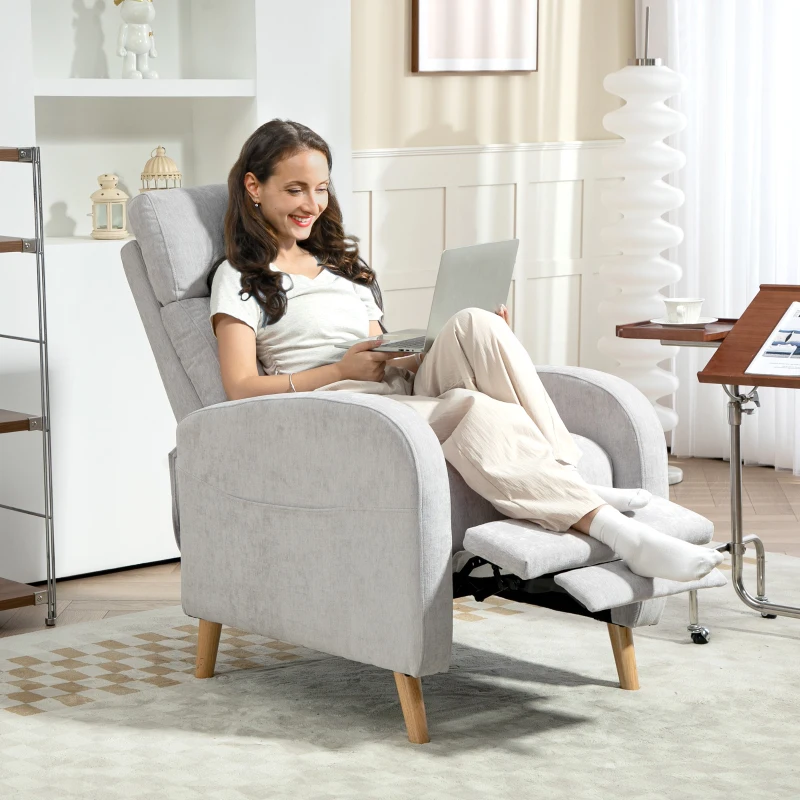 HOMCOM Fotoliu Reclinabil 150° cu suport pentru picioare, din Material Textil cu Efect de In, 68x90x106 cm, Gri Deschis