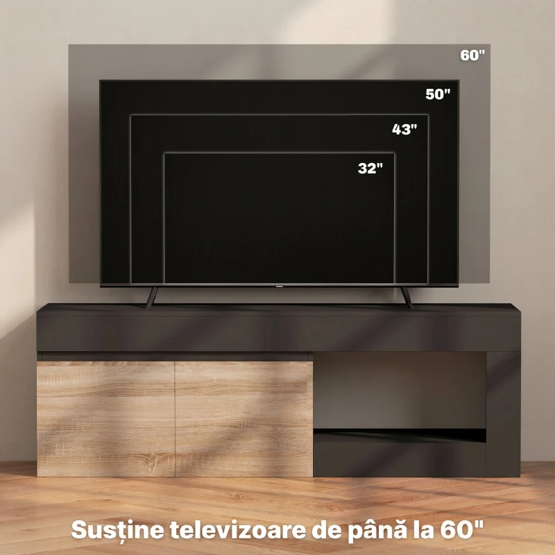 HOMCOM Comodă TV Modernă cu Dulap, Negru și Lemn Natur