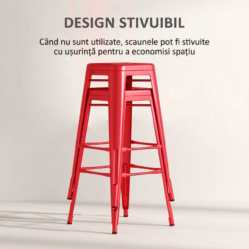 HOMCOM, Set 2 Taburete de Bucătărie, Spătar Detașabil și Reazem pentru Picioare, din Metal, 44x46x116 cm, Roșu