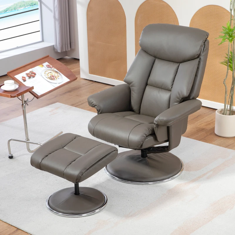 HOMCOM Relaxsessel mit Hocker, Rückenlehne verstellbar, Kunstleder, bis 150 kg, Grau(m-10)