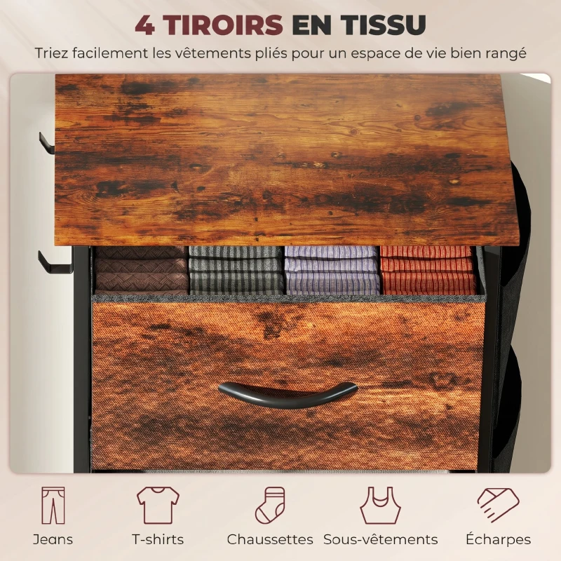 HOMCOM Commode 4 tiroirs en tissu, meuble de rangement avec 4 poches, 2 crochets, structure en acier, 45 x 30 x 94,5 cm, marron