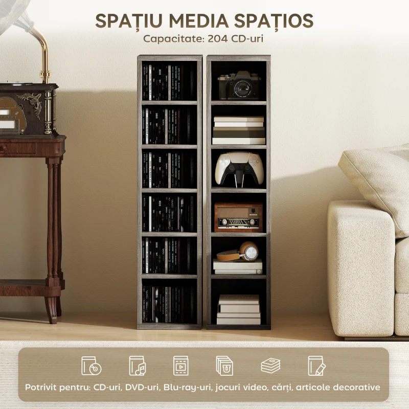 HOMCOM Set de 2 dulapuri pentru CD-uri, raft economisitor de spațiu, 21x22,5x88,5 cm, gri