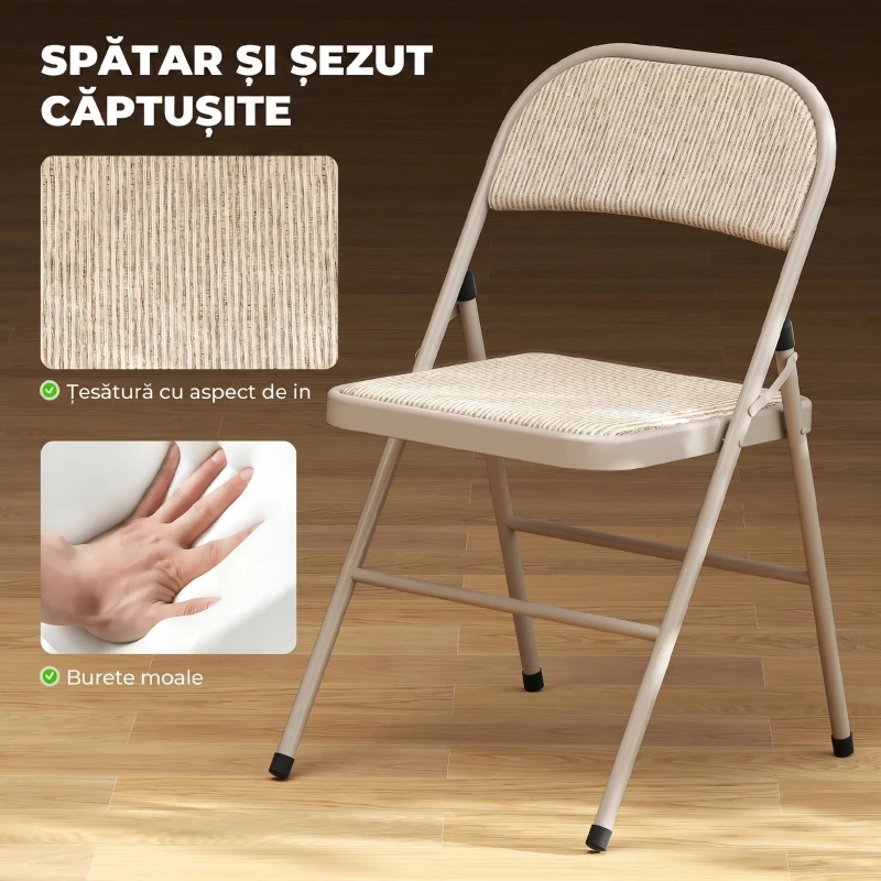 HOMCOM Set 2 Scaune Pliabile cu Șezut Căptușit din Poliester și Cadru din Oțel, Bej