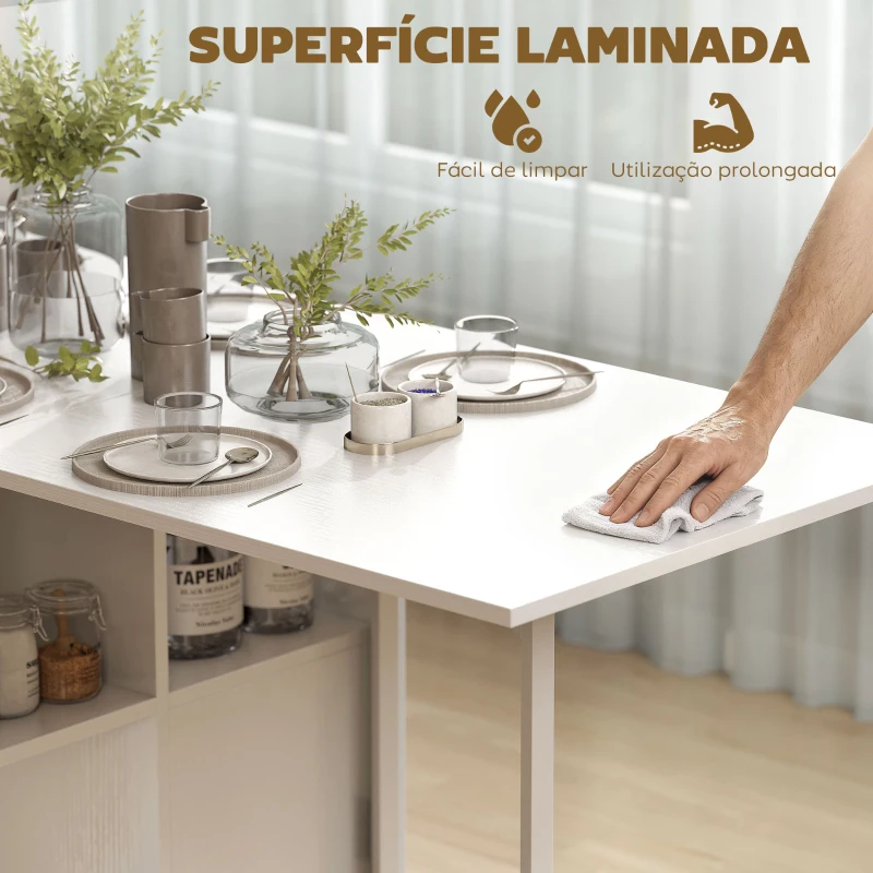 HOMCOM Mesa de Cozinha Dobrável com Arrumação Mesa de Refeição Compacta com 4 Prateleiras 169x60x75 cm Branco