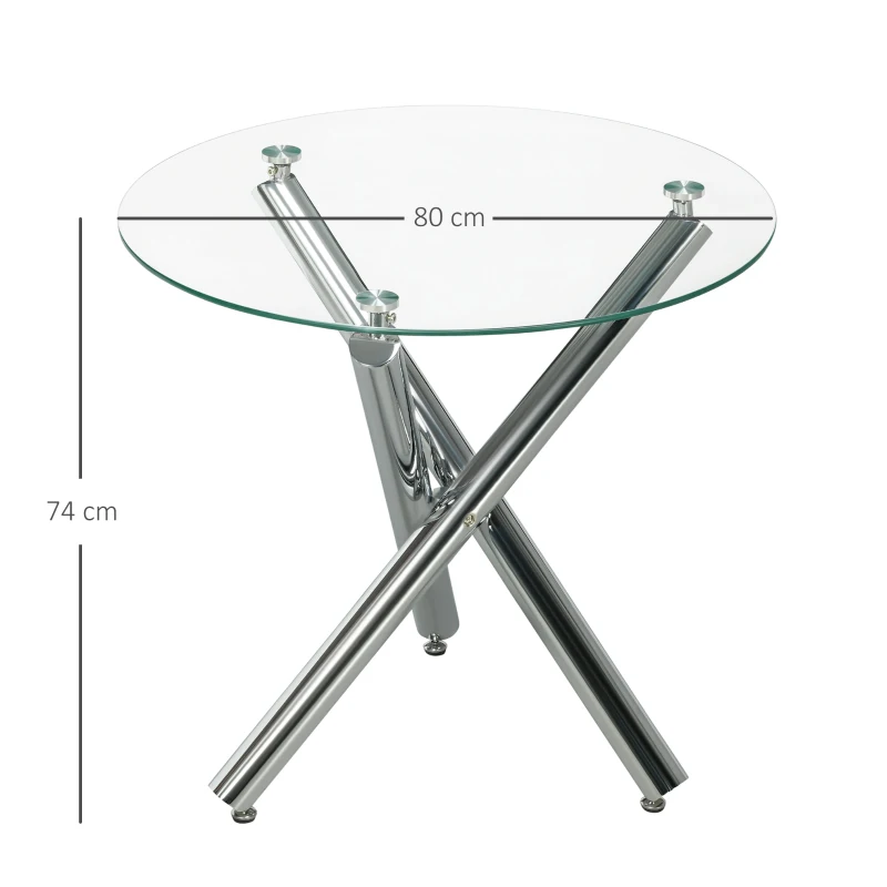 HOMCOM Tavolo da Pranzo Rotondo per 2-4 Persone in Vetro e Gambe in Acciaio, Ø80x74cm