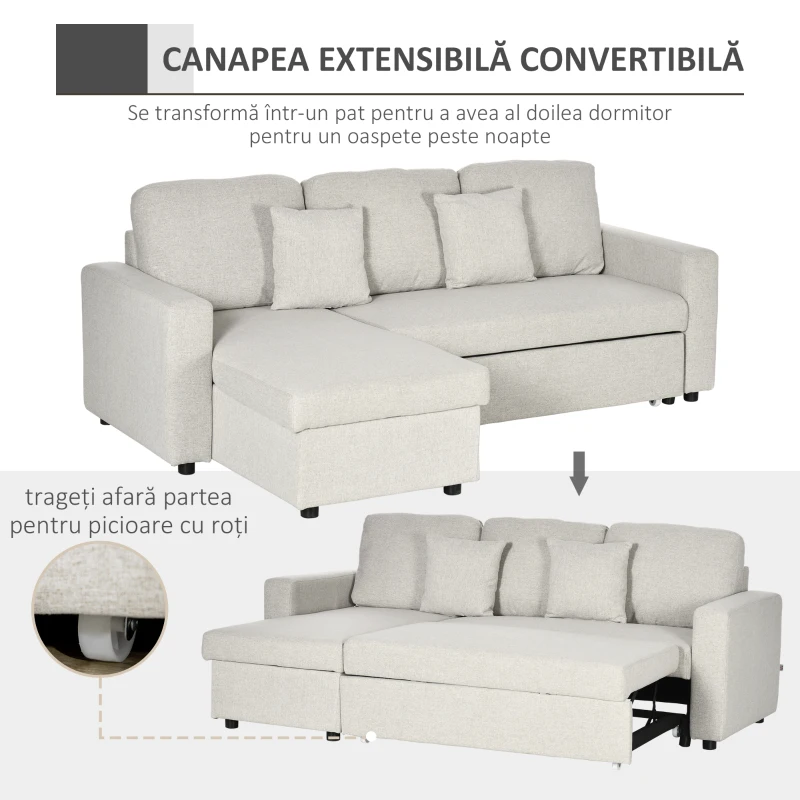 HOMCOM Canapea Extensibilă de Colț în Formă de L, 2 Locuri cu Șezlong Convertibil în Pat pentru o Persoană, Canapea cu Spațiu de Depozitare și 2 Perne, Crem