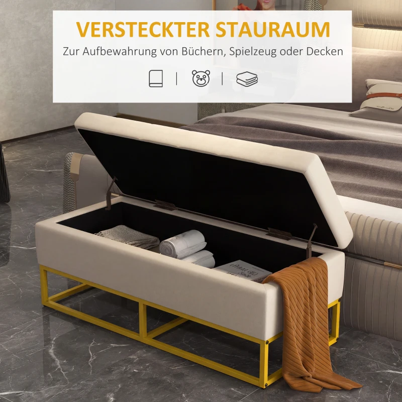 HOMCOM Sitzbank mit Stauraum, dekorative Knopfheftung, Flanelloptik, goldfarbene Stahlbeine, 110 x 47 x 46,5 cm