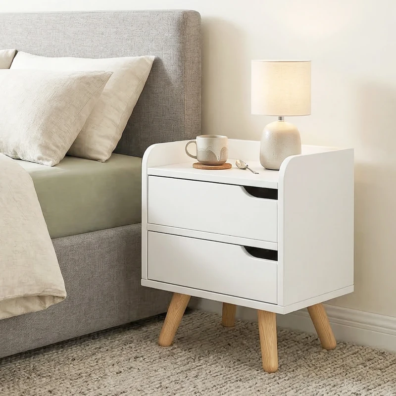HOMCOM Comodino da Camera da Letto Salvaspazio, Moderno Comodino con 2 Cassetti, Design Semplice, Legno Bianco, Piedini in Legno di Pino, 33 x 28 x 42cm, Bianco