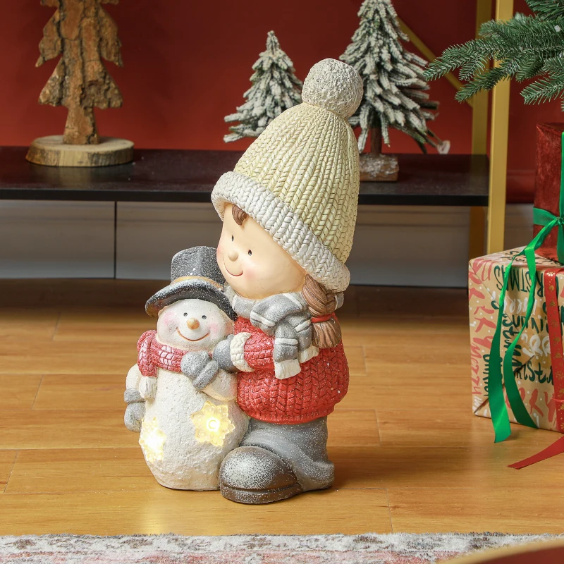 HOMCOM Wichtel mit Schneemann, Gartenzwerg, 4 LEDs, batteriebetrieben, 25 x 18 x 45,5 cm