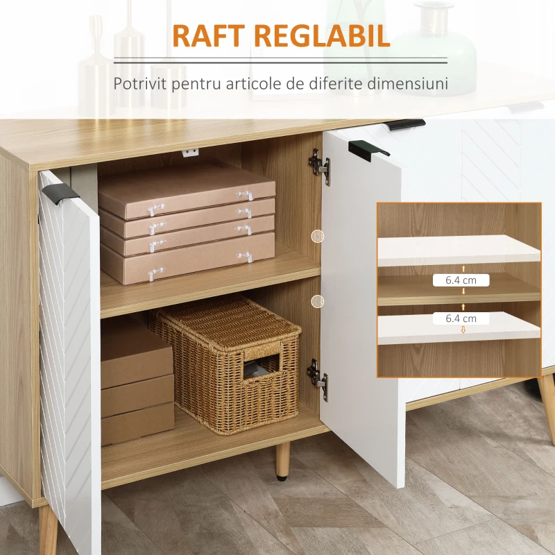 HOMCOM Dulap de Depozitare cu 2 Dulăpioare cu Rafturi Reglabile, din Lemn de Pin, 120x35x77,4 cm, Culoare Lemn și Alb