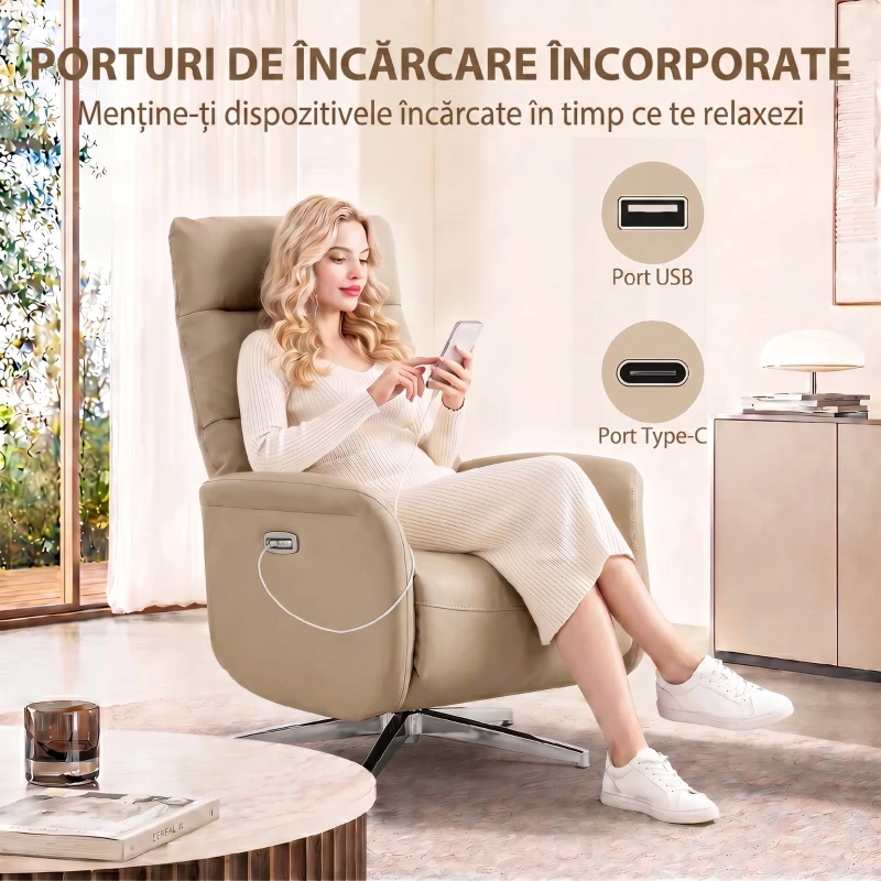 HOMCOM Fotoliu Electric Reclinabil și Rotativ cu Suport pentru Picioare, USB, Maro