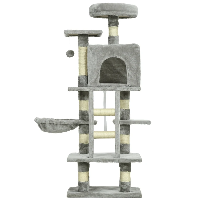 PawHut Árvore para Gatos Multi-equipamentos Arranhadores Raspadores Tocas Plataformas Escada Rede Bola Suspensa Cinza