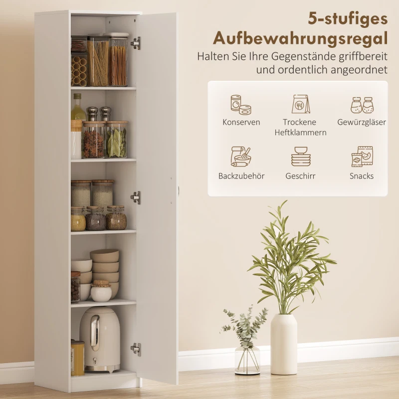 HOMCOM Küchenschrank, 5-Ebenen-Aufbewahrungsschrank, verstellbare Regale, für Wohnzimmer, Küche, Vorratskammer, Holz, Weiß