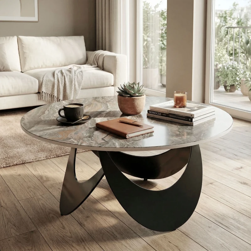 HOMCOM Coffee Table Sintered Stone Top Adjustable Foot Pads Modern Centre Table for Living Room Brown and Black