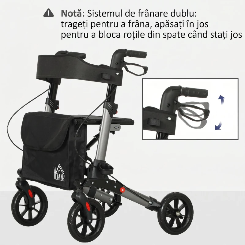 HOMCOM Cadru de mers pliabil din aluminiu, reglabil pe înălțime, cu geantă, 64x67x80-92 cm, negru și argintiu