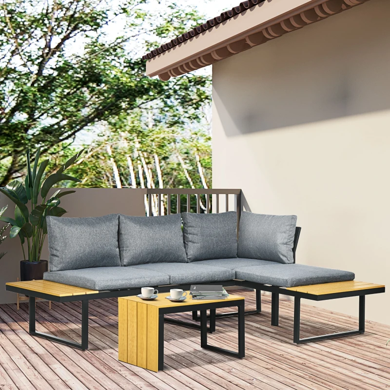 Outsunny Conjunto de Muebles de Jardín Sofá Esquinero 2 Módulos con Mesas y Mesa de Plástico Imitación Madera para Terraza Gris