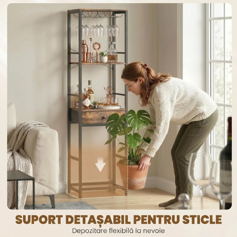 HOMCOM Dulap de Bar, Mobilier de Bar cu Sertar și Suport pentru Pahare, Maro Rustic