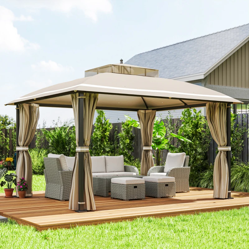Outsunny Pavilion de grădină 3.7 x 3 m cu plasă de țânțari, perdele laterale și acoperiș dublu, bej