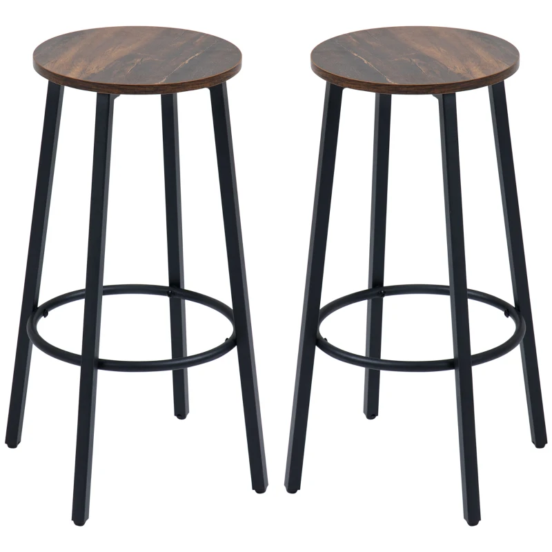 HOMCOM Bar Stools, Set of 2 Kitchen Breakfast Stools with Sturdy Steel Frame, Industrial Tall Bar Chairs, 65cm High Seat, Rustic Brown