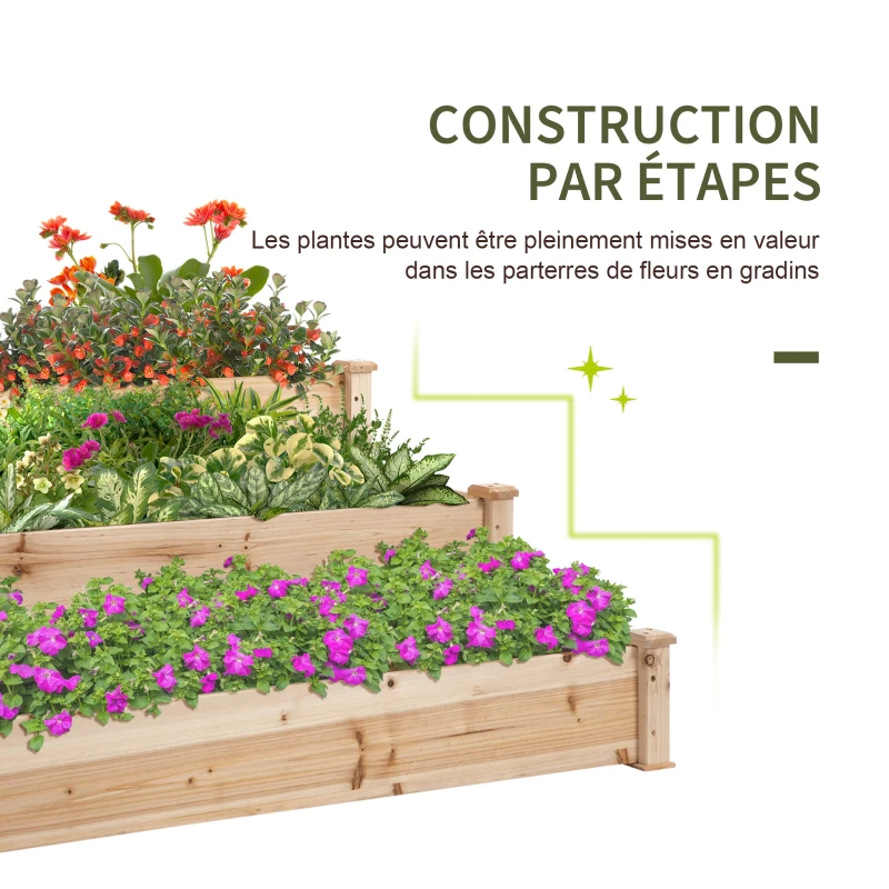 Outsunny Carré Potager de jardin en Bois massif, Jardinière Surélevé en Escalier 3 Niveaux, 120 x 120 x 56 cm, effet Bois Naturel