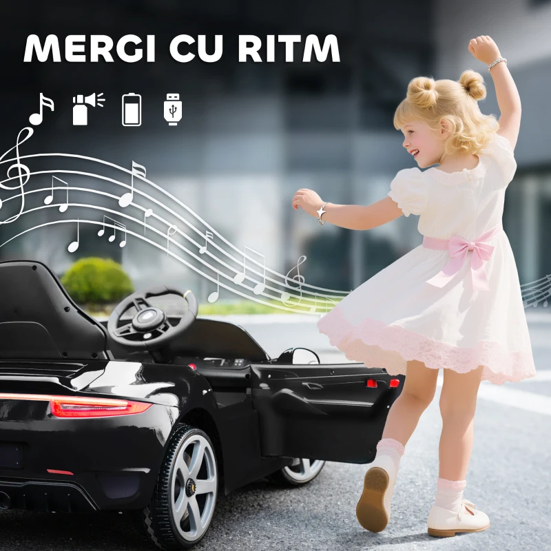 AIYAPLAY Mașină pentru copii 3-5 ani cu licență oficială RUF GT, telecomandă, centură de siguranță și muzică, negru