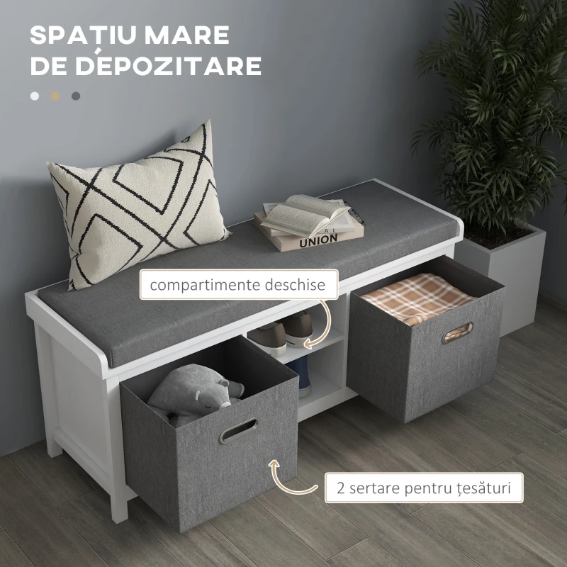 HOMCOM Bancă pentru Pantofi cu Raft Reglabil pe 3 Niveluri și 2 Sertare, din PAL, 105x35x47 cm, Alb și Gri