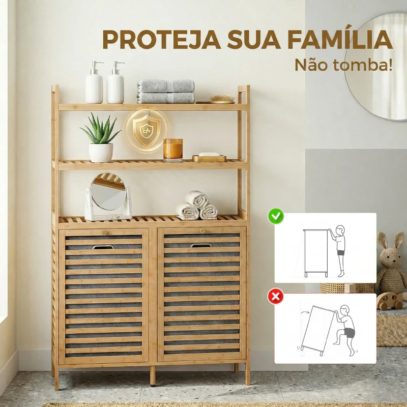 HOMCOM Móvel para Roupa Suja em Bambu com 2 Cestos Inclináveis de 38,7 L e 3 Prateleiras, 80x30x118 cm, Carvalho