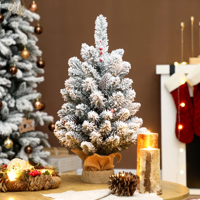 HOMCOM Albero di Natale Piccolo Alto 60 cm con 72 Rami Innevati, Pigne e Bacche Rosse, Verde