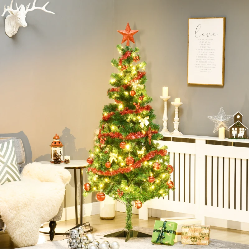 HOMCOM Árbol de Navidad Artificial de 480 Ramas con 150 Luces LED con 8 Modos y 100 Decoraciones Acero Ø86x180 cm Verde