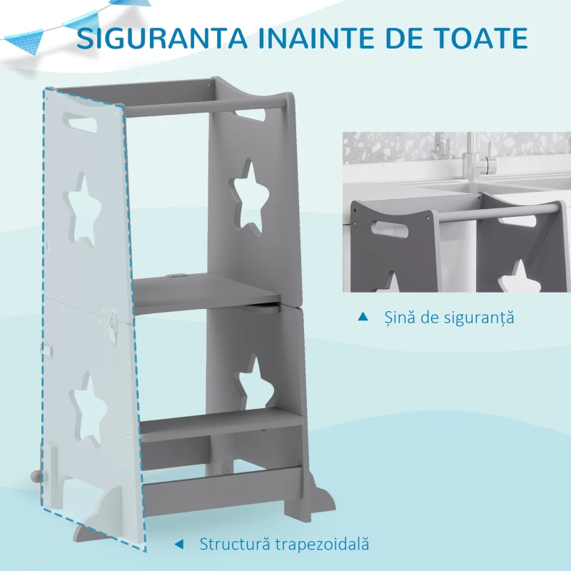 AIYAPLAY Scară Montessori Convertibilă în Set de Masă și Scaune cu Bară de Siguranță, din Lemn, 60x44.5x86 cm, Gri