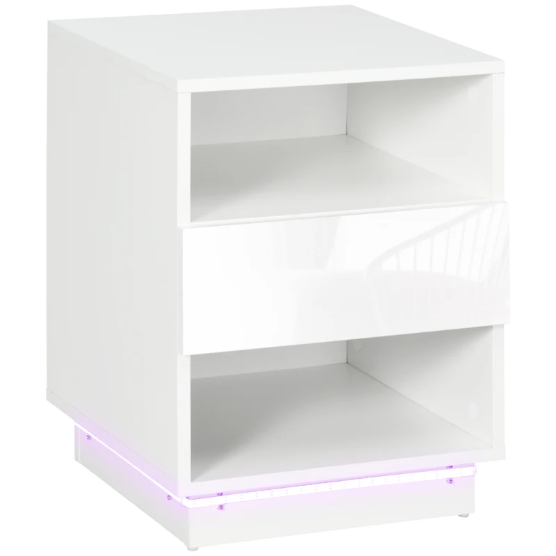 HOMCOM Mesita de Noche con Luz LED Mesilla de Noche con Mando a Distancia Cajón de Alto Brillo y 2 Estantes 40x40x55 cm Blanco