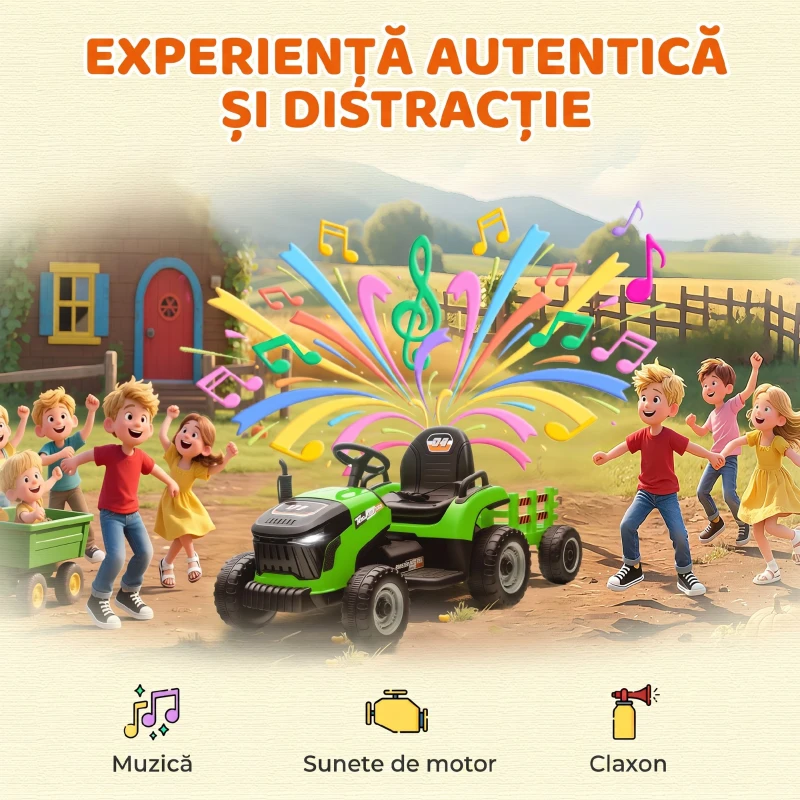 AIYAPLAY Tractor electric pentru copii cu remorcă detașabilă și telecomandă, din plastic și metal, 139x58x55 cm, verde