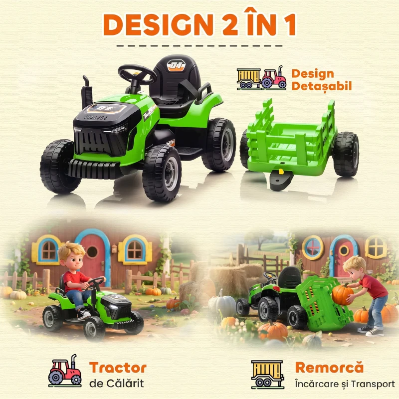 AIYAPLAY Tractor electric pentru copii cu remorcă detașabilă și telecomandă, din plastic și metal, 139x58x55 cm, verde