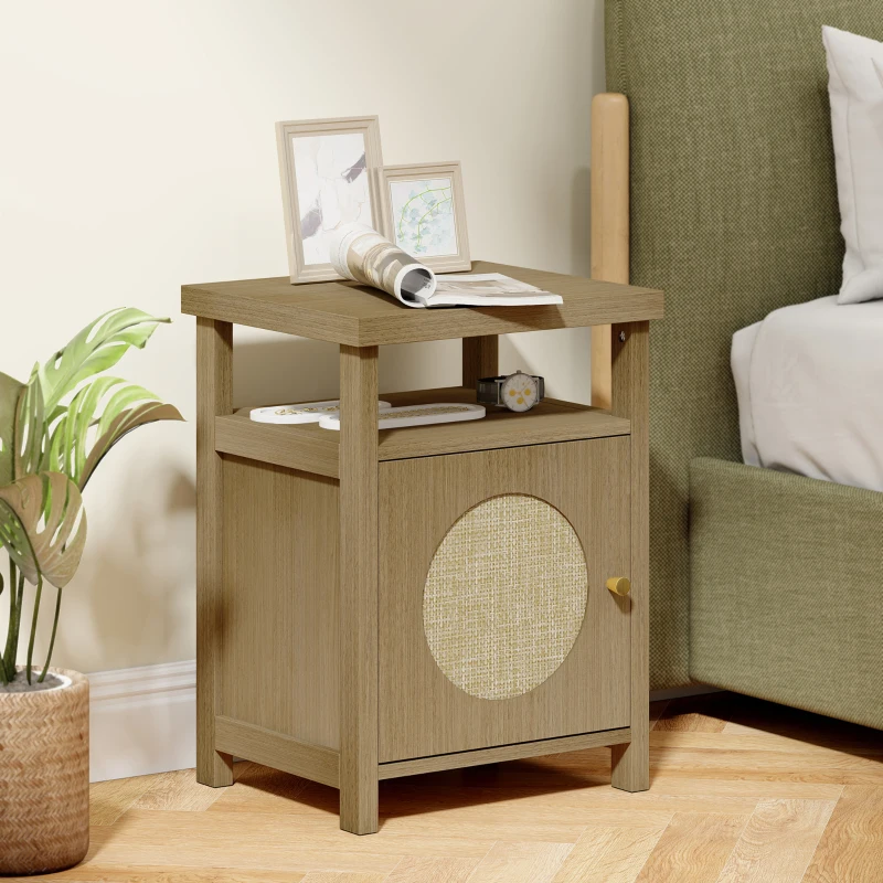 HOMCOM Mesita de Noche con Puerta de Ratán Mesilla de Noche con Estante Abierto y Compartimento 40x35x55 cm Madera Natural