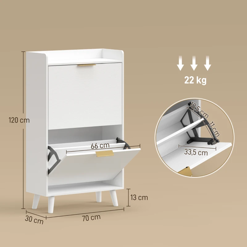 HOMCOM Meuble à chaussures 12 paires, armoire à chaussures étroite avec 2 tiroirs rabattables, étagères réglables, blanc
