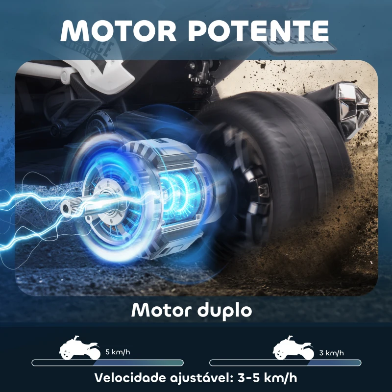 AIYAPLAY Quadricilo Elétrico para Crianças 12V com 2 Motores Velocidade até 5 km/h 3 Rodas Faróis Buzina Música 113x74x63 cm Preto e Branco