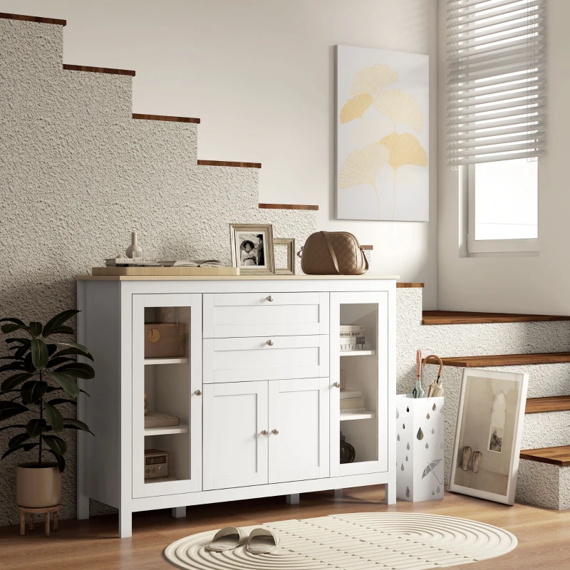 HOMCOM Mobile Cucina con 2 Cassetti e 3 Armadietti, Ante in Vetro e Ripiani Regolabili, 120x40x90 cm, Bianco e Rovere