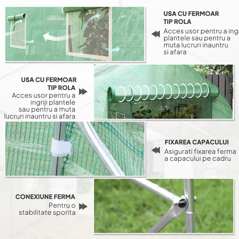 Outsunny Seră Tip Tunel Anti-UV cu 6 Ferestre cu Plasă și Intrare Rulabilă, din Metal și PE, 4x2x2 m, Verde