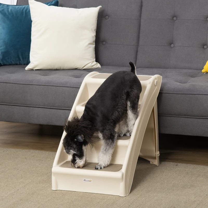PawHut Escalier pour Chien Pliant à 4 Marches Antidérapantes, Escalier pour Animaux en Plastique, 62 x 38 x 49,5 cm, Beige