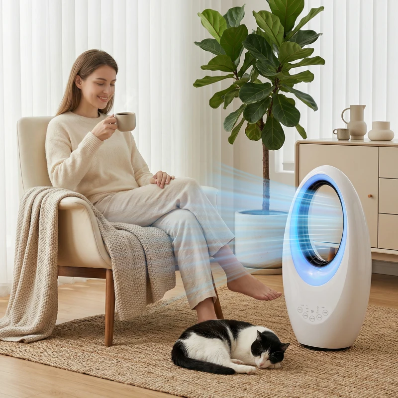 HOMCOM Bladeless Tower Fan, 36dB Standing Cooling Fan with 60° Oscillating, LED Lights, 3 Speeds, 7.5H Timer, Remote Control