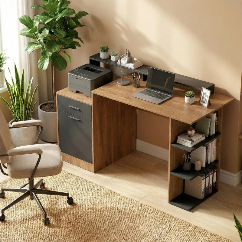HOMCOM Computertisch mit Stauraum und Regalen, Moderner Schreibtisch für Büro und Arbeitszimmer, 140 cm, Eiche