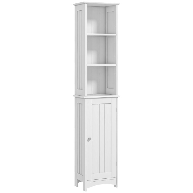 kleankin Columna de Baño con 3 Compartimientos Puerta y Estantes Ajustables para Ducha Aseo 34x23x165 cm Blanco