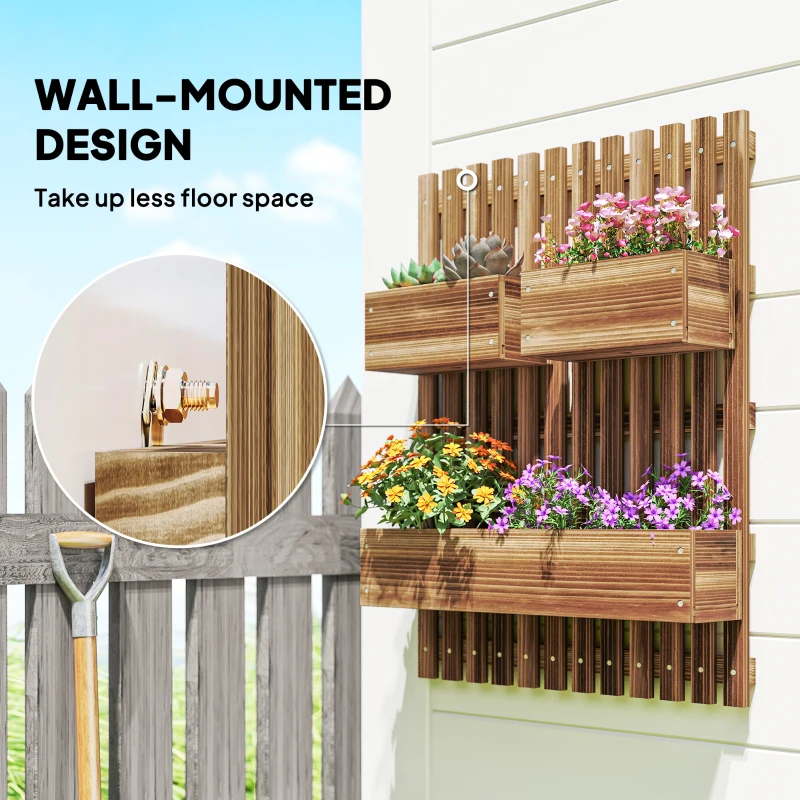Outsunny Set of 2 Wall-mounted Wooden Garden Planters with Trellis, Drainage Holes and Movable Planter Boxes, Wall Raised Garden Bed for Patio, Carbonised