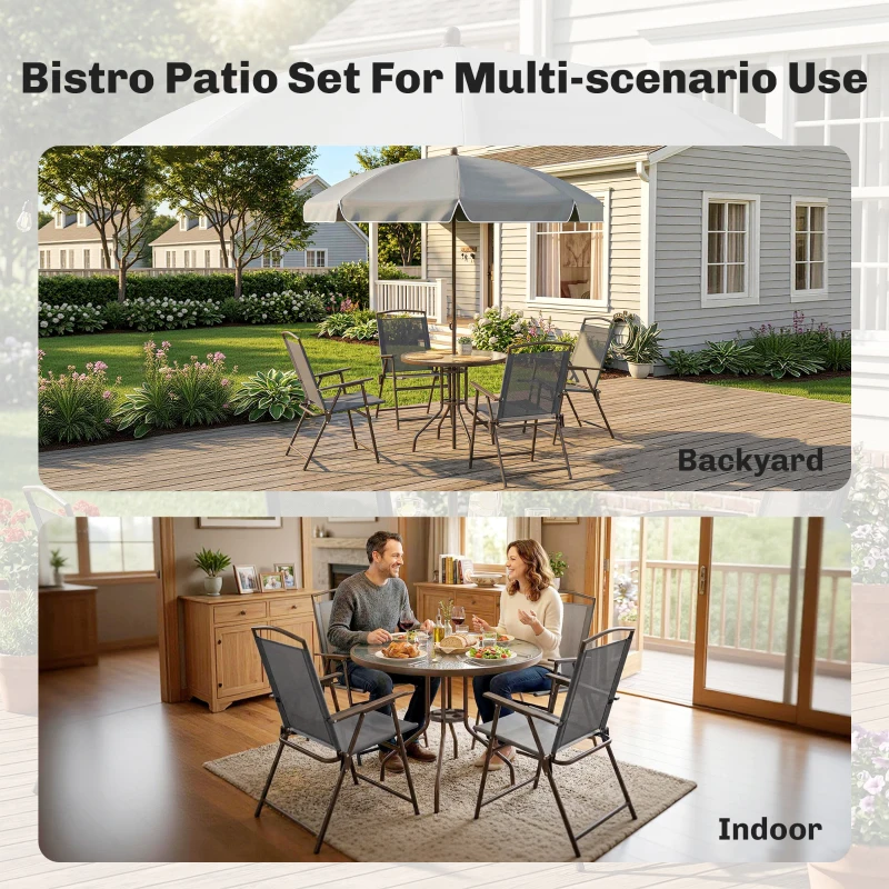 Outsunny 6 Piece Garden Dining Set with Umbrella, Patio Sets with Parasol, 4 Folding Dining Chairs, Dark Grey